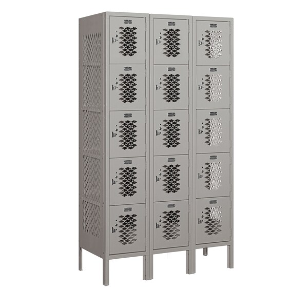 5 Tier Box Vented Locker, 36"Wx66"Hx15"D, 15 Door, Gray, Unassembled